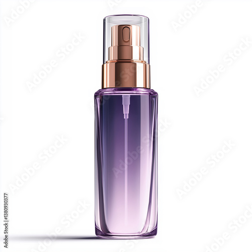 Elegant, tall soft purple blue cosmetic bottle with copper pump head, copper cap, isolated on a white background, front view.