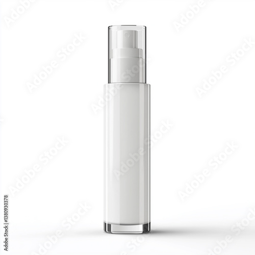 Elegant, tall white cosmetic bottle with hologram color cap, isolated on a white background, white serum inside, front view.