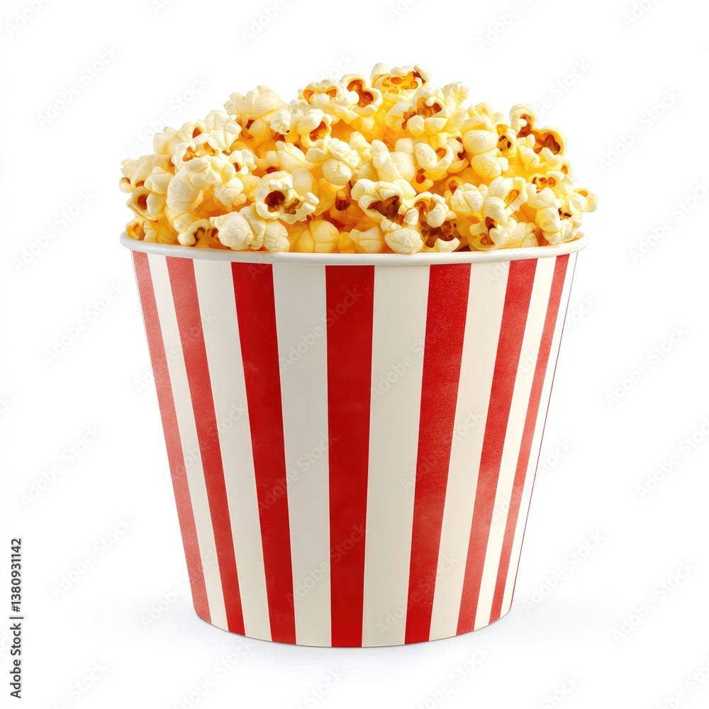 Popcorn in a red and white striped paper container Popcorn in a red and white striped paper container