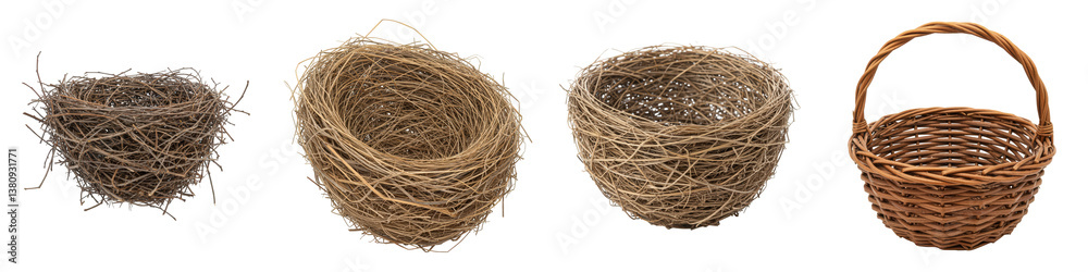 Woven Bird Nests and a Wicker Basket. Woven Bird Nests and a Wicker Basket.