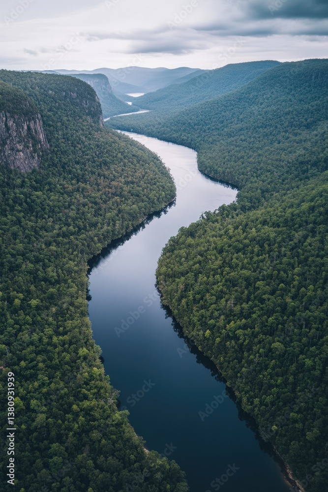 River surrounded by dense rainforest, viewed from a drone River surrounded by dense rainforest, viewed from a drone