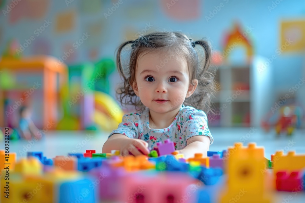 A young child is engaged in play, exploring and stacking colorful building blocks in a well-lit indoor playground filled with toys A young child is engaged in play, exploring and stacking colorful building blocks in a well-lit indoor playground filled with toys