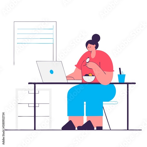 Woman eating at computer desk flat color vector faceless character. Dinner break. Girl at laptop table with food. Busy with work isolated cartoon illustration for web graphic design and animation