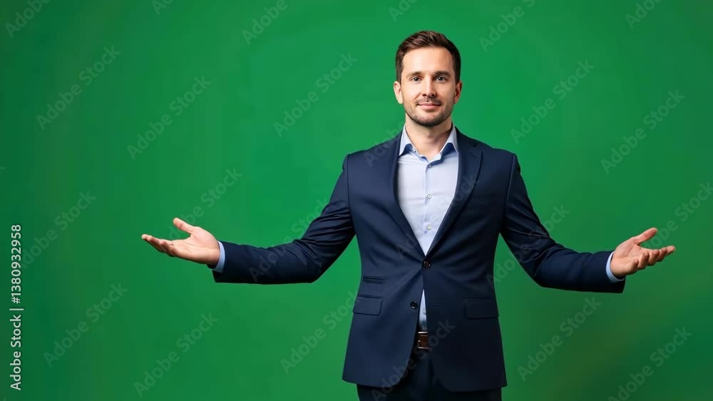 Confident businessman in navy suit with open arms making welcoming gesture against green screen background. Confident businessman in navy suit with open arms making welcoming gesture against green screen background.