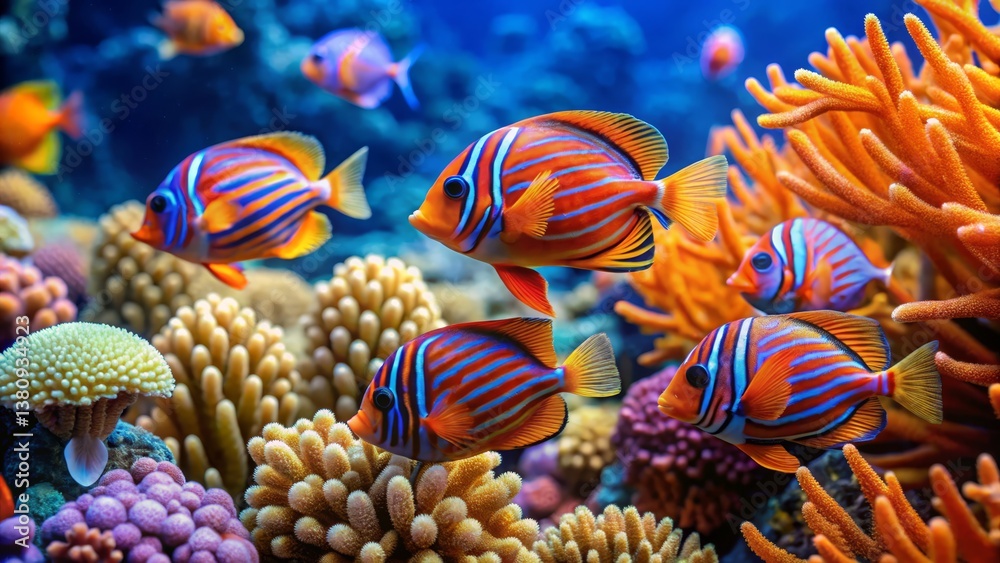 Fototapeta premium Vibrant Coral Reef Scene with Colorful Tropical Fish Swimming
