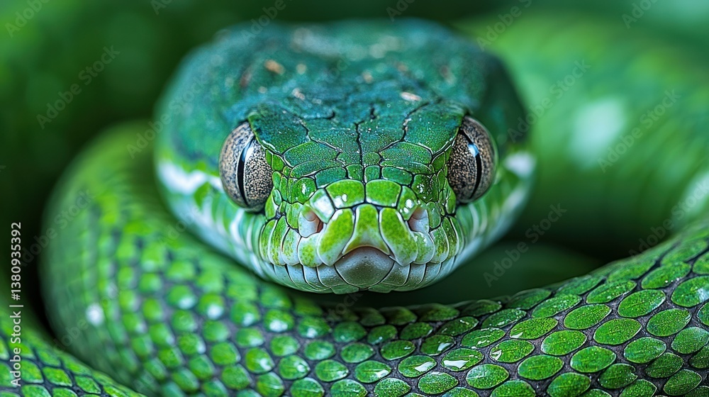 Fototapeta premium Emerald Green Snake Close-Up: Nature's Jewel