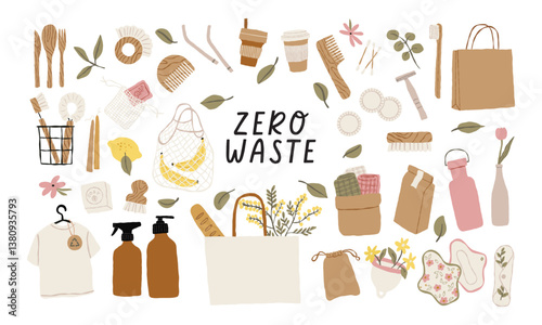 Zero waste lifestyle set. Eco-Friendly, sustainable living, plastic-free and reusable items. Green Living. Hand drawn vector illustration.