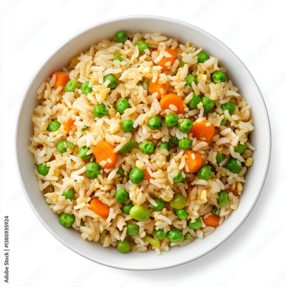 Delicious vegetable fried rice bowl, studio shot, white background, food photography, recipe Delicious vegetable fried rice bowl, studio shot, white background, food photography, recipe
