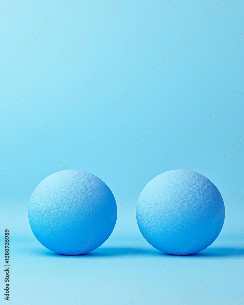 Two smooth blue spheres on a pastel blue backdrop creating a minimalist design. Two smooth blue spheres on a pastel blue backdrop creating a minimalist design.