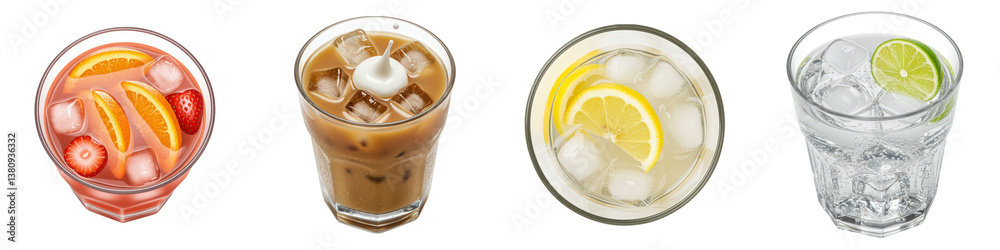 Fototapeta premium Iced coffee, lemonade, fruit punch and sparkling water with lime.