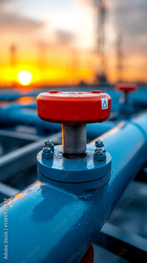 Obraz premium A close-up of a valve on a blue industrial pipe, highlighting a red handle against a sunset backdrop, showcasing a blend of machinery and nature.
