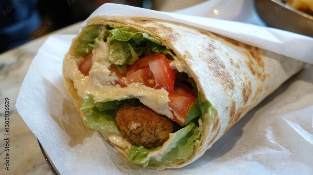Savory Falafel Wrap with Fresh Vegetables and Creamy Tahini Sauce Close Up