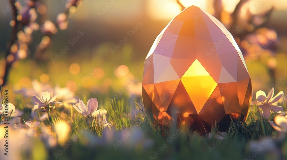 Geometric Easter egg gleaming in spring meadow, artistic springtime concept
