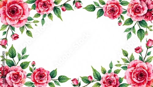 Intricate watercolor roses & leaves, repeating design, flourish, growth