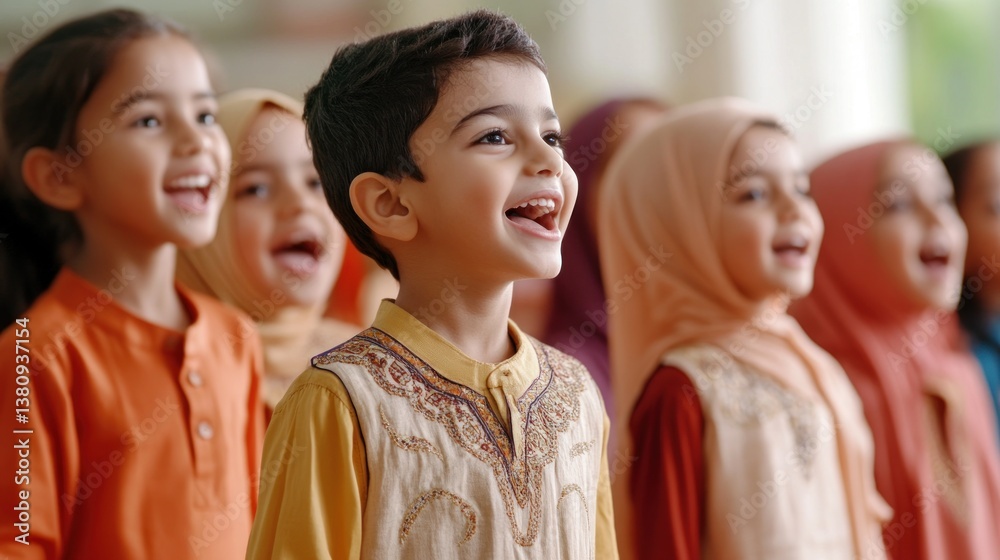 Joyful children singing traditional Ramadan songs celebrating unity and faith