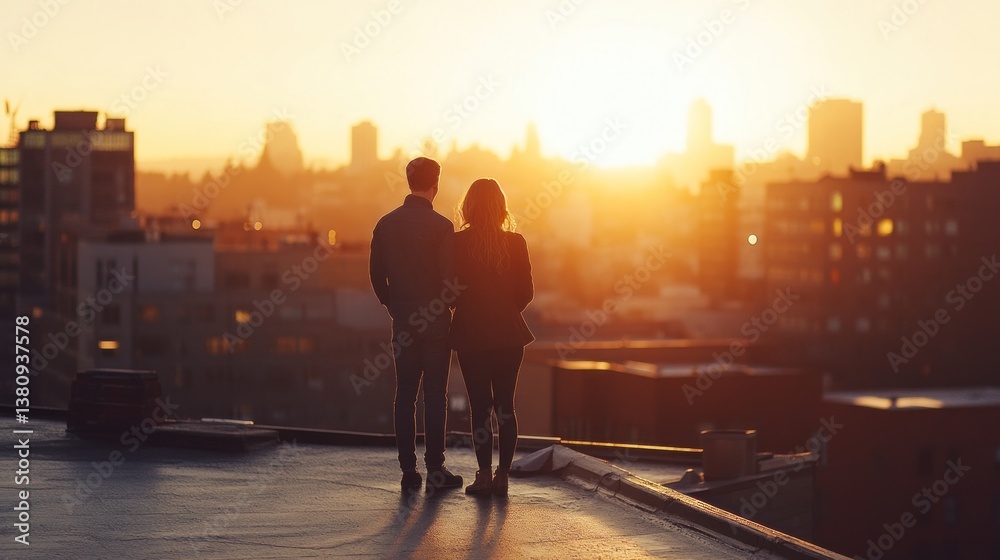 Romantic cityscape: Couple embracing the golden sunset glow from rooftop viewpoint