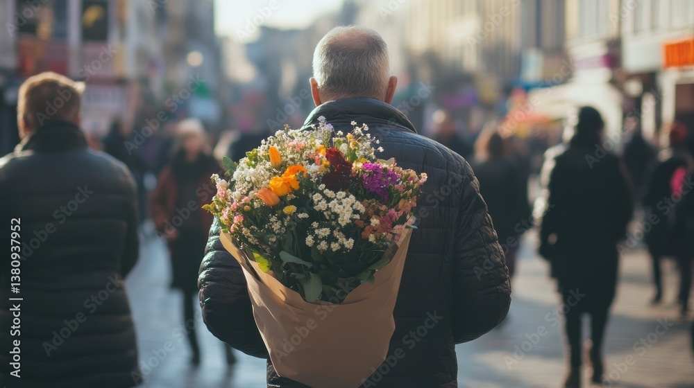 Man with flowers on city street conveying affection, love, and special occasion