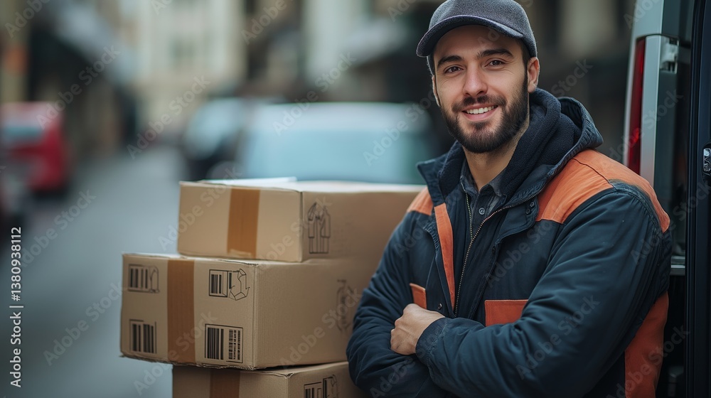 A man in a delivery uniform is smiling and posing with a stack of boxes A man in a delivery uniform is smiling and posing with a stack of boxes
