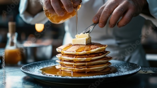 Obraz na płótnie Golden stack: Chef drizzling delectable honey over fluffy pancakes creation w salonie