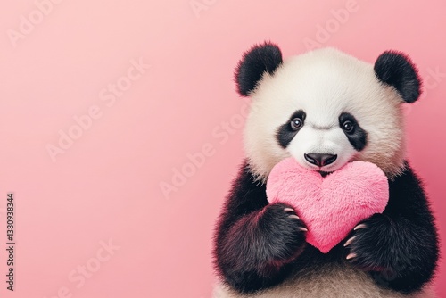 Adorable baby panda holding pink heart on pastel background