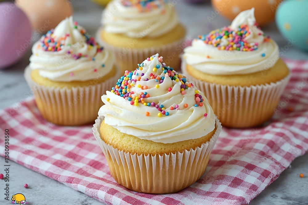 Delightful vanilla cupcakes topped with creamy frosting and rainbow sprinkles, a festive Easter treat presented on a pink gingham napkin. Delightful vanilla cupcakes topped with creamy frosting and rainbow sprinkles, a festive Easter treat presented on a pink gingham napkin.