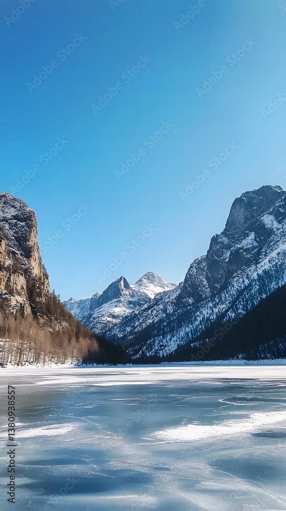 Obraz premium A frozen lake surrounded by snow-covered mountains under a clear blue sky
