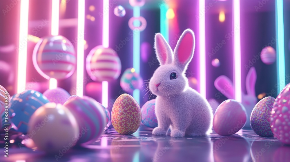 Fluffy Rabbit Sitting Amongst Decorated Eggs with Neon Glowing Lights