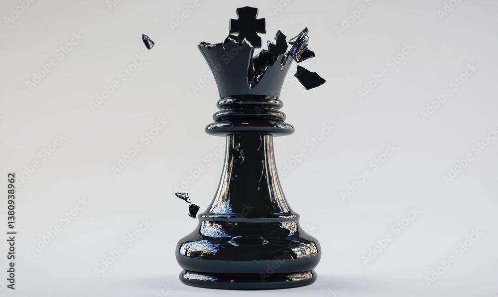 Fototapeta premium Shattered black queen chess piece on white background, loss concept
