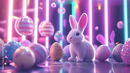 Fluffy Rabbit Sitting Amongst Decorated Eggs with Neon Glowing Lights
