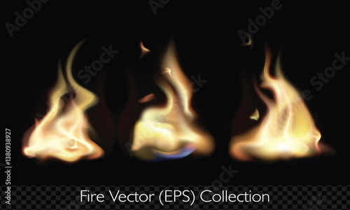 Realistic flame, fire set, burning hit effect, isolated vector (EPS), editable illustrations on transparent background