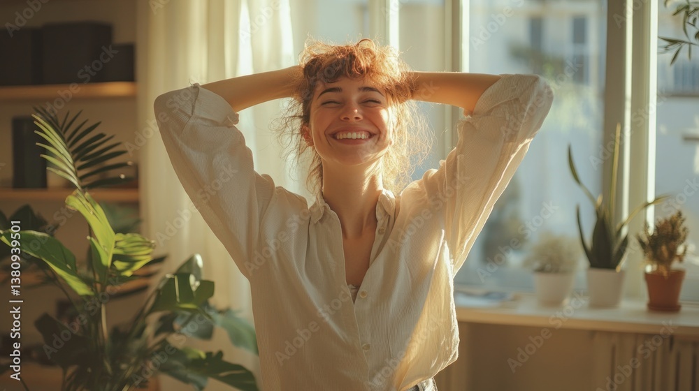 Smiling woman feeling contented at home in a tranquil morning atmosphere