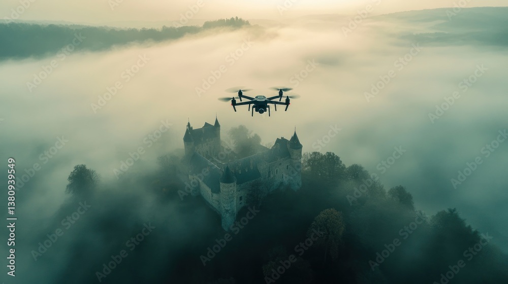Drone captures mysterious castle amidst thick fog aerial, cinematic scenery