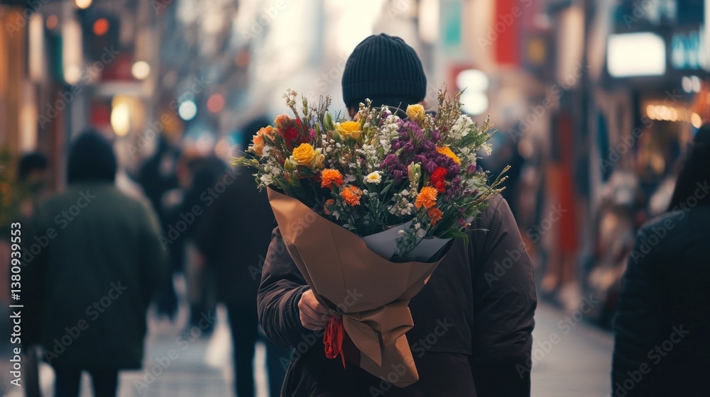 Anonymous figure strolling through bustling city street, clutching a vibrant floral bouquet