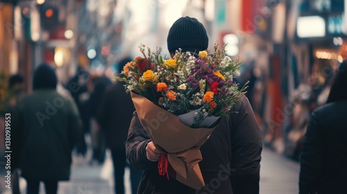 Obraz na płótnie Anonymous figure strolling through bustling city street, clutching a vibrant floral bouquet w salonie