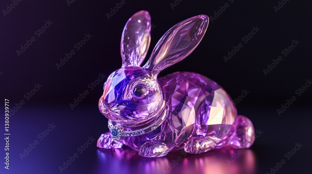 Elegant glossy resin Easter bunny figurine with an amethyst ring in sophisticated light