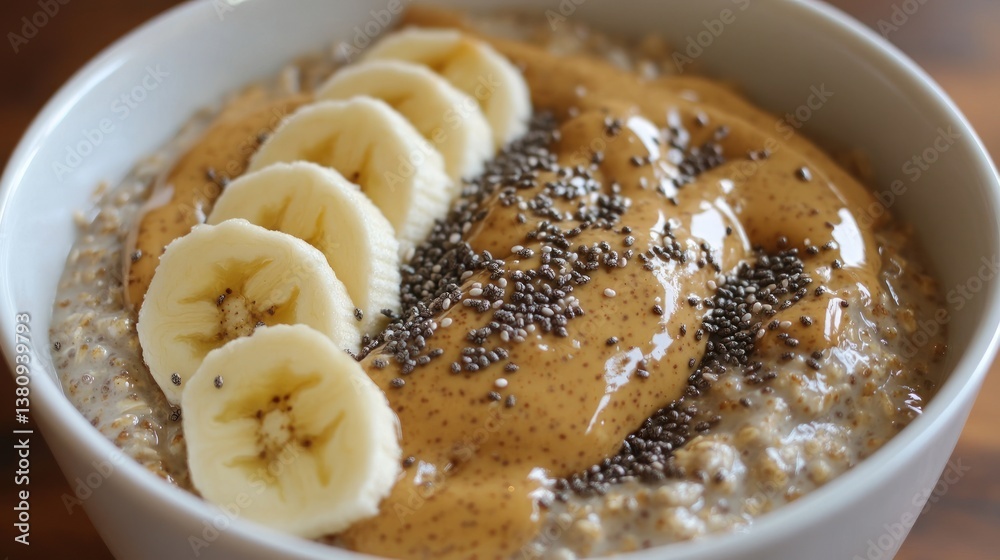 Delicious overnight oats with almond butter, banana slices and chia seeds in a bowl