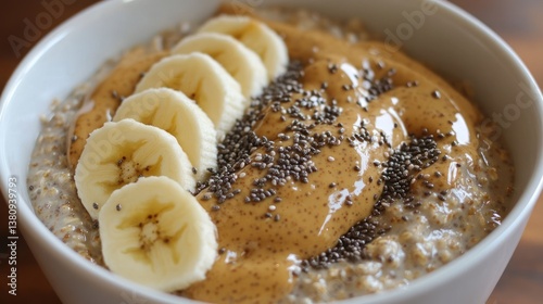 Obraz na płótnie Delicious overnight oats with almond butter, banana slices and chia seeds in a bowl w salonie