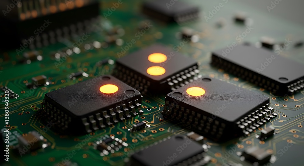 Illuminated Microchips on Green Circuit Board, Macro Focus. Illuminated Microchips on Green Circuit Board, Macro Focus.