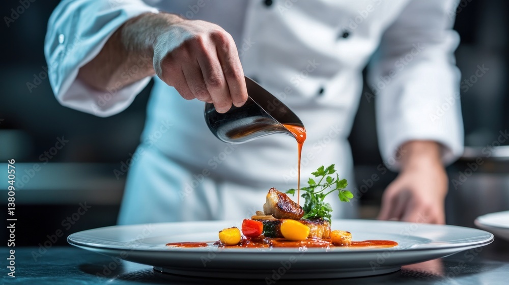 Expert Chef Skillfully Garnishing an Exquisite Dish with Delicate Sauce Drizzle