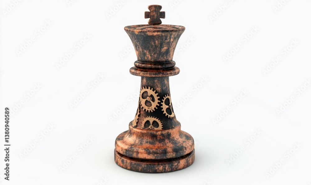 Fototapeta premium Steampunk chess king piece with gears on white background for game strategy concept