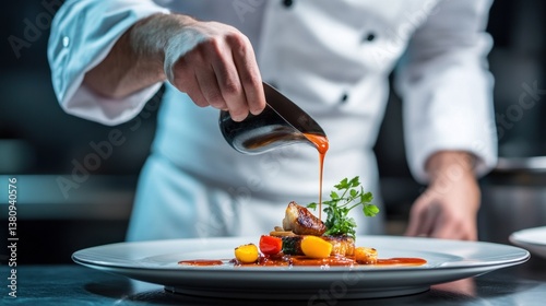 Obraz na płótnie Expert Chef Skillfully Garnishing an Exquisite Dish with Delicate Sauce Drizzle w salonie