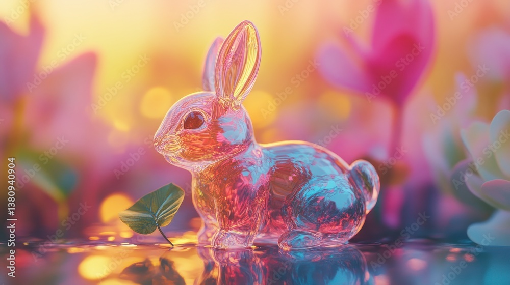 A whimsical resin Easter bunny radiates with vibrant colors and delicate details
