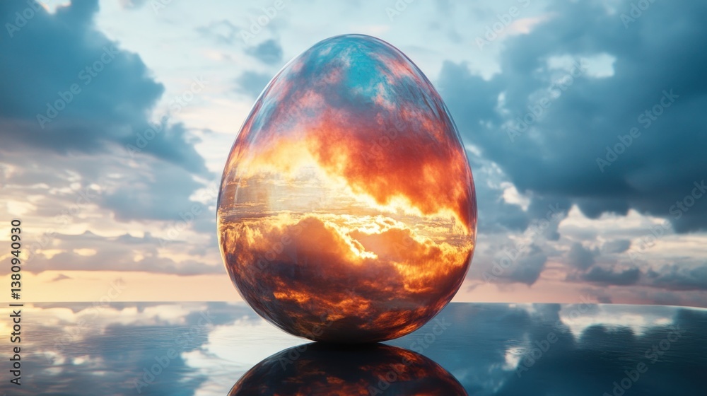 Reflecting Sunset Skies in a Decorative Egg by Calm Water