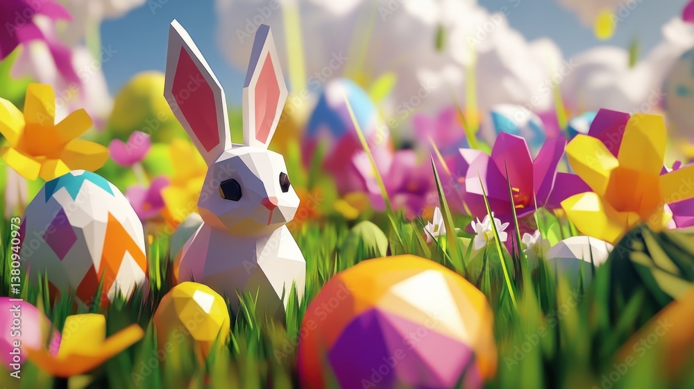 Easter Bunny and Decorated Eggs in a Spring Flower Field