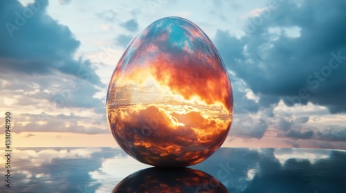 Obraz na płótnie Reflecting Sunset Skies in a Decorative Egg by Calm Water w salonie