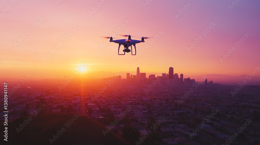 Drone soaring above a sprawling metropolis at dusk, bathed in vibrant hues