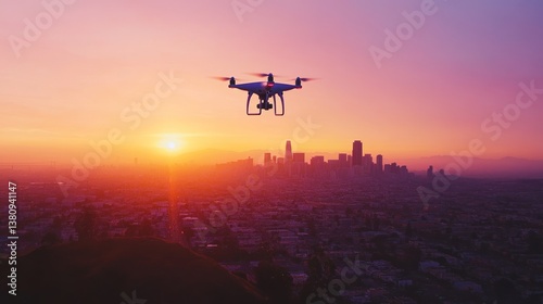 Drone soaring above a sprawling metropolis at dusk, bathed in vibrant hues