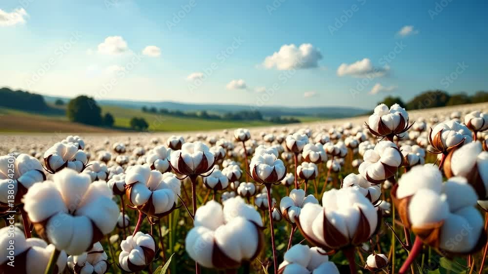 Fluffy white cotton bolls sway gently in the breeze, ready for harvest under a bright blue sky.