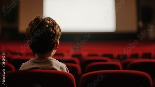 Child choosing a seat among red cushions at a lively cinema matinee