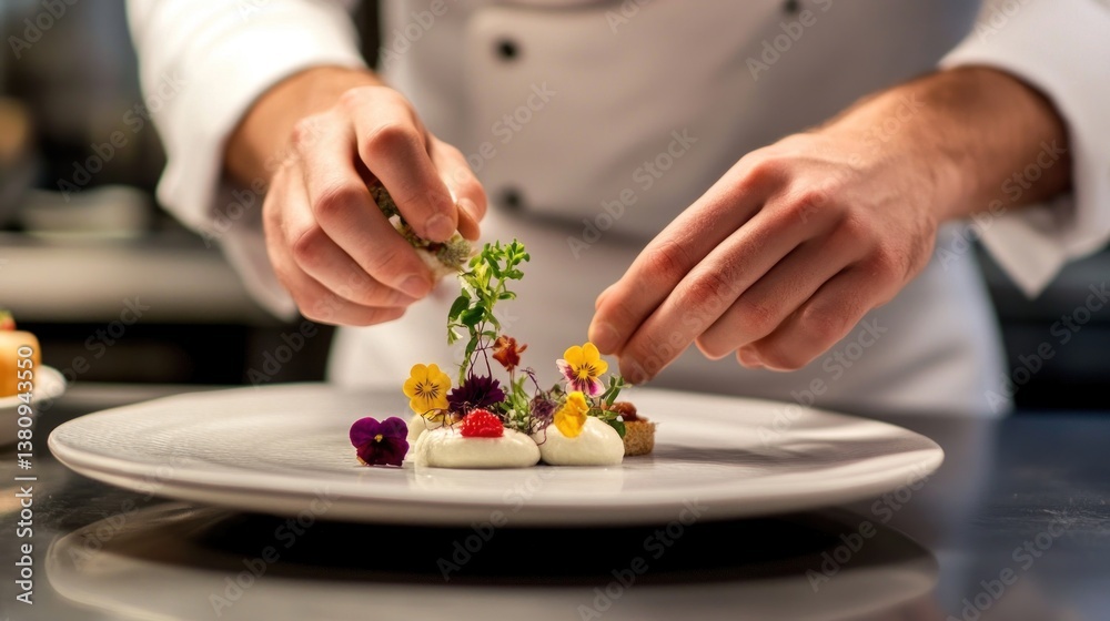 Artistic culinary presentation: A chef meticulously arranges edible flowers on a dish